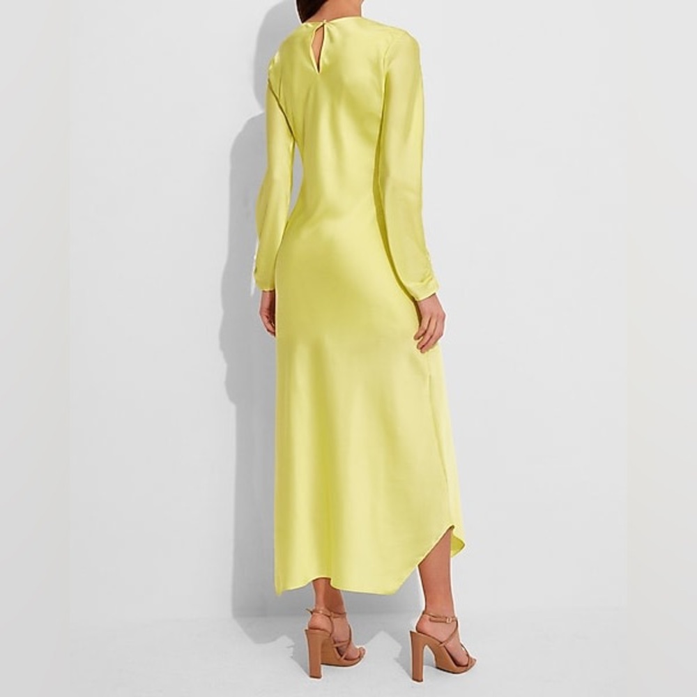 NWOT Express Satin Long Sleeve Asymmetrical Hem Maxi Vibrant Yellow Dress Sz L - Picture 2 of 6